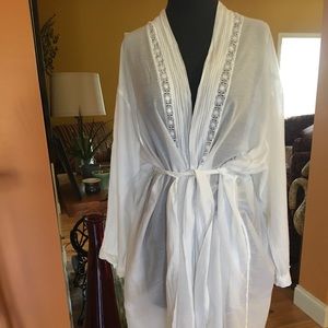 Sheer white lace trimmed cotton and silk robe